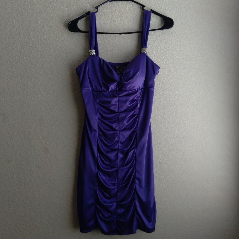 Vintage Y2K Love Tease Purple Bodycon Ruched Mini Dress with Rhinestone Detail
